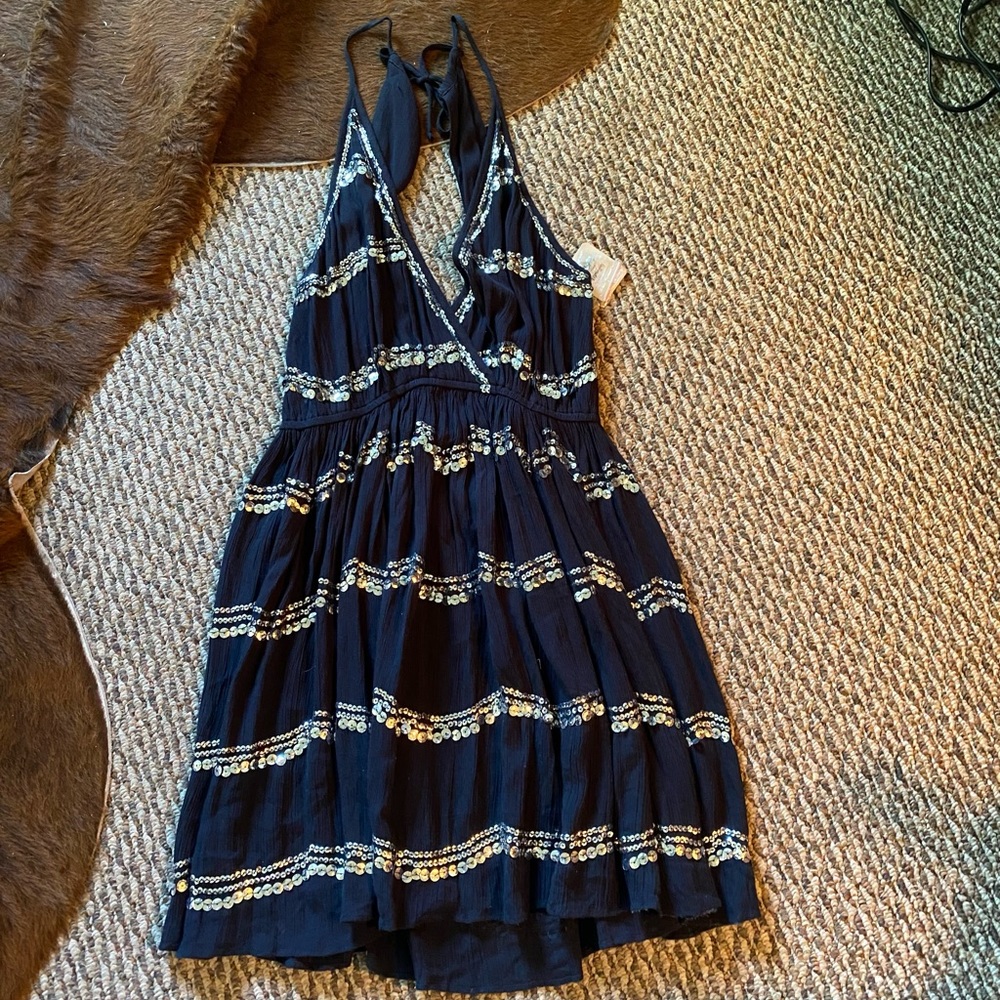Free people black sequined open back mini dress